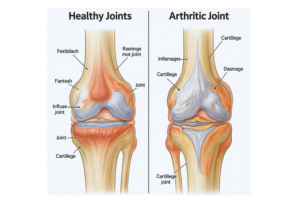 healthy joints versus arthritic joints, highlighting inflammation and cartilage damage